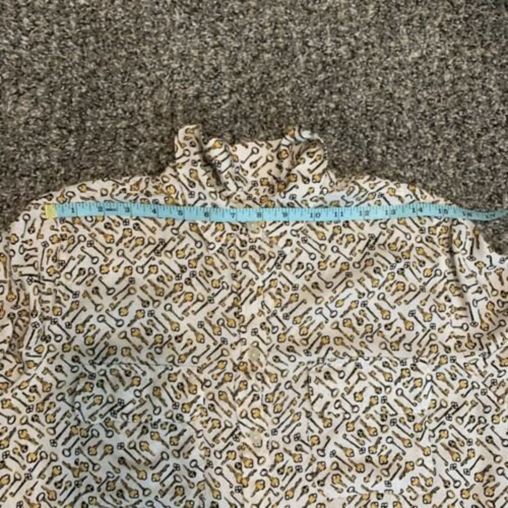 Chico’s 2 Large Novelty Print Keys Long Sleeve Collared Button Up Blouse Yellow - Picture 12 of 12